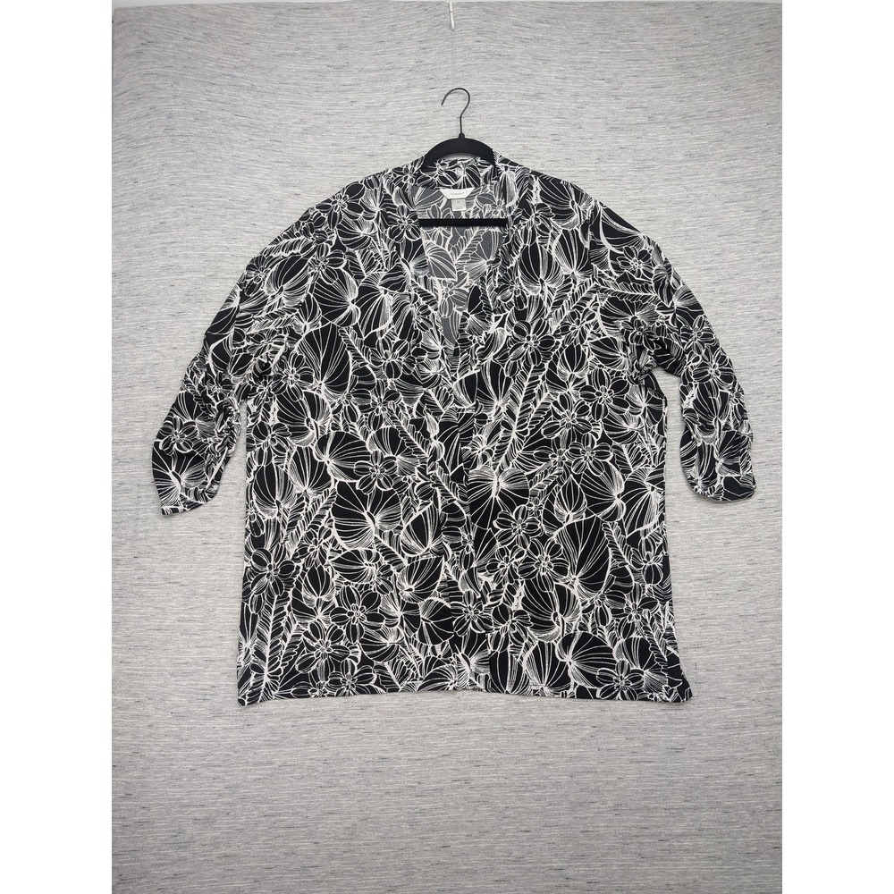 CJ Banks Cardigan Womens 3X Black Floral Leaf Open Front Lightweight‎ Stretchy